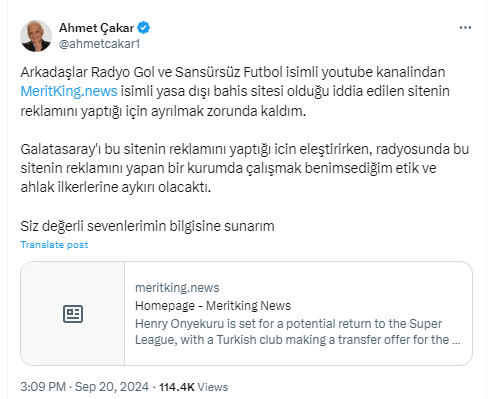 Ahmet Çakar'dan Ayrılık Açıklaması